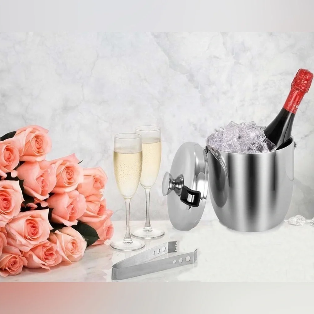 MKRSD Stainless Steel Insulated Ice Bucket with Lid & Tongs 2.8L Double Wall